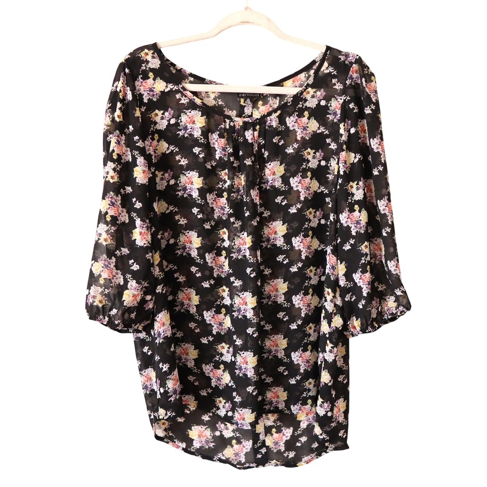 Zenobia Black Floral Print Sheer Blouse Top Women XL 3/4 Sleeve Whimsigoth Fairy